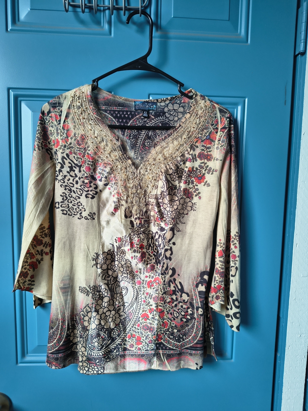 Floral Embroidered V-Neck Tunic Top - Beige with Coral Accents